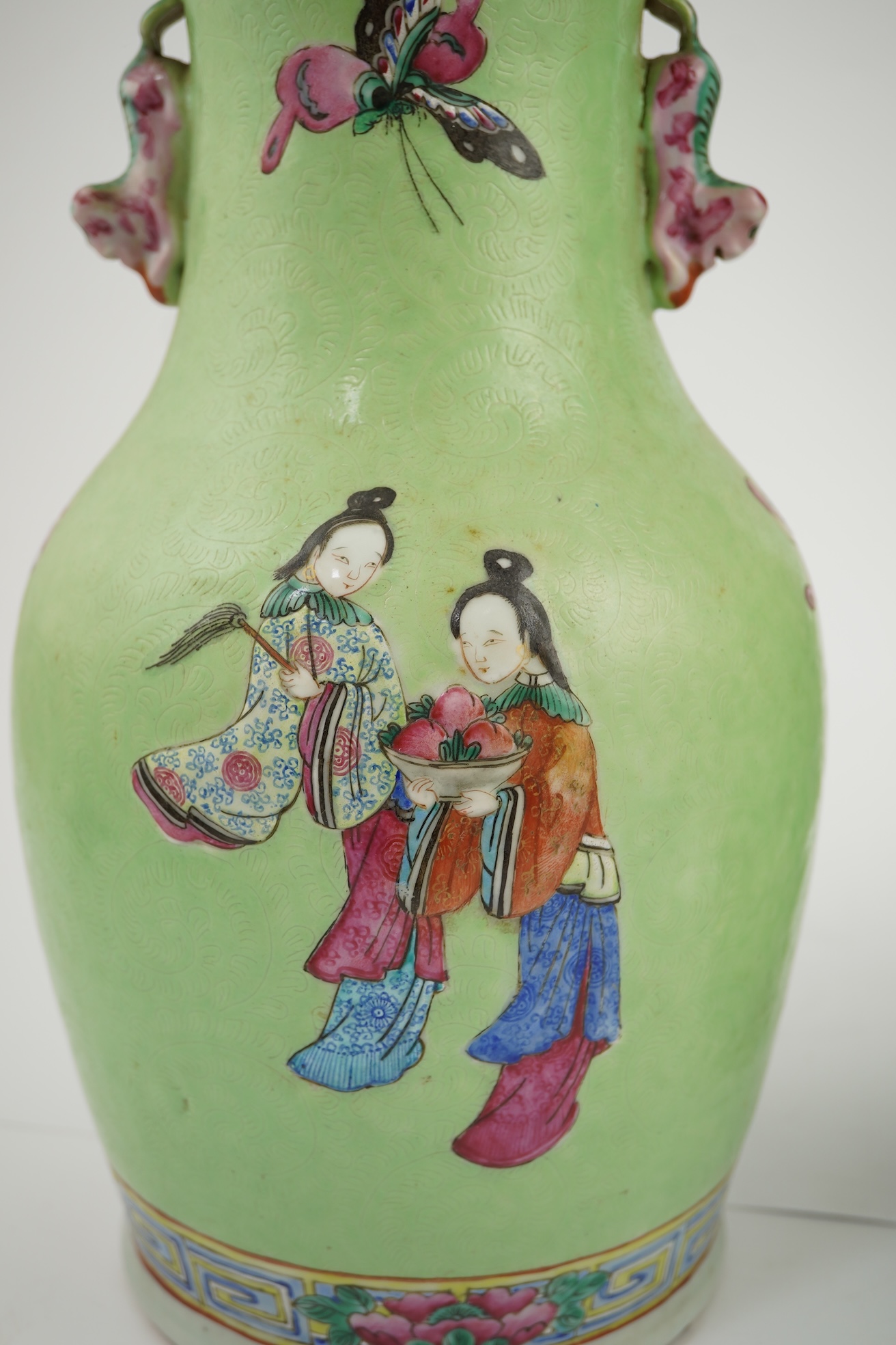 A pair of Chinese lime-green sgraffito ground vases, late 19th century